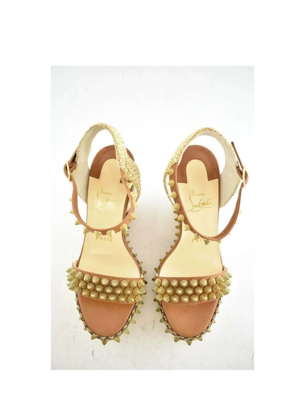 Christian Louboutin Cordorella 110 Brown Gold Studs Platform Wedge Sandal Heel - Picture 6 of 6